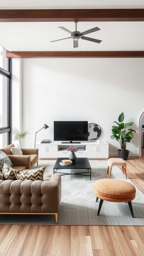 A modern living room featuring a sectional sofa, accent chair, coffee table, and media console with a large window.