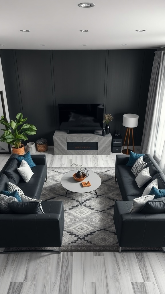 A well-arranged black and grey living room featuring two black sofas, a round coffee table, and decorative elements.