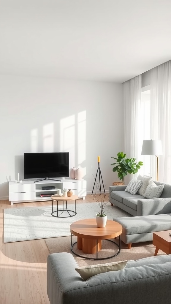 A minimalist living room with a gray sofa, wooden coffee tables, TV unit, and plants.