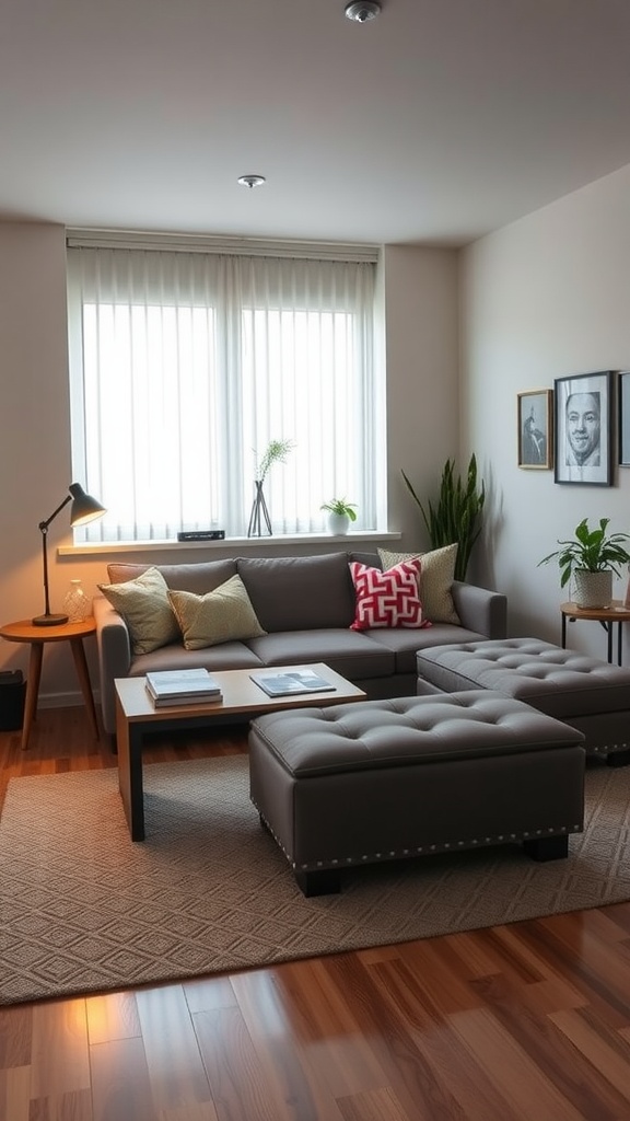 A cozy dorm living room with a sofa, ottomans, and large windows