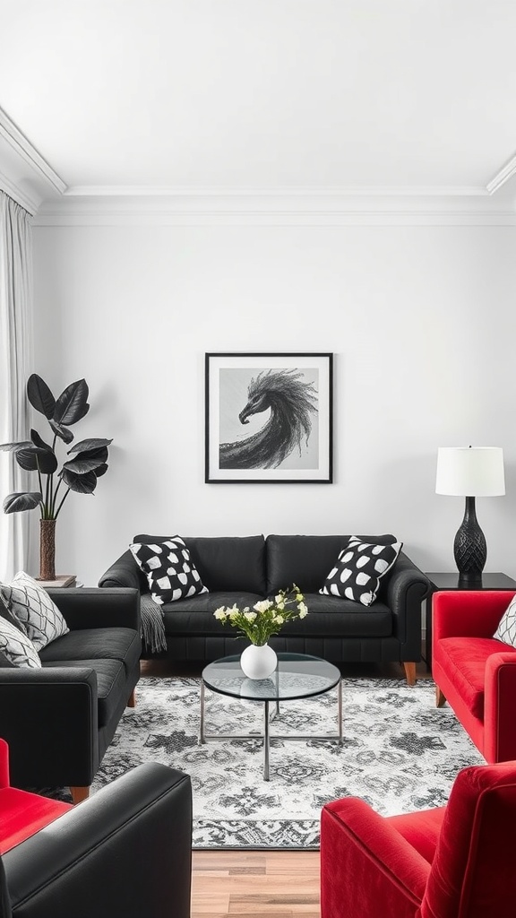 A modern living room with black and red furniture, featuring a glass coffee table and stylish decor.