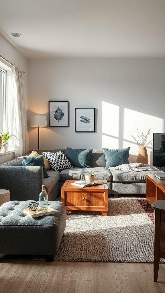 Stylish small living room with a sectional sofa, wooden coffee table, and natural light.