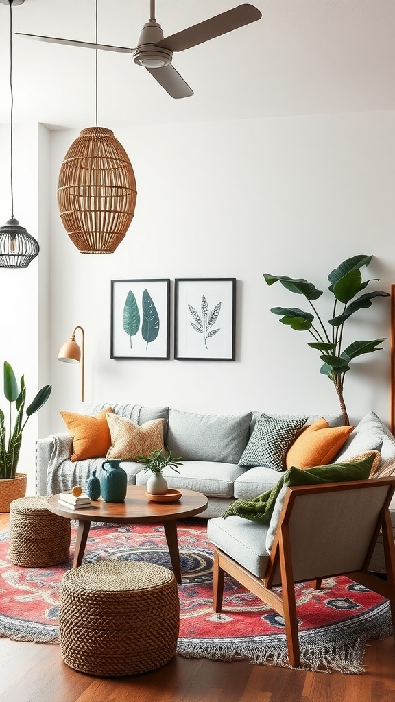 A modern boho living room featuring a light gray sofa, colorful throw pillows, a wooden coffee table, woven stools, and plants.