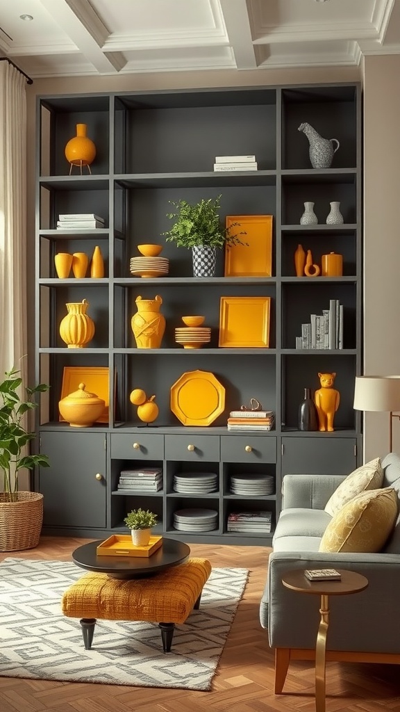 A modern living room featuring grey shelving filled with yellow decorative items and a light grey sofa