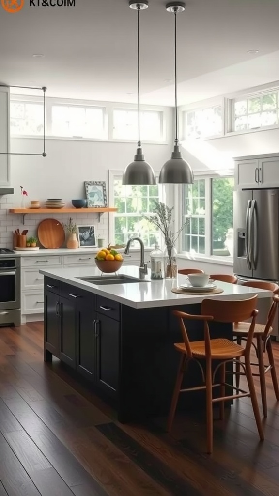 A modern kitchen with a functional black kitchen island, light countertops, and wooden chairs.