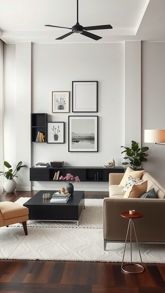 A stylish black and cream living room featuring a functional layout with comfortable seating, decorative plants, and a central coffee table.