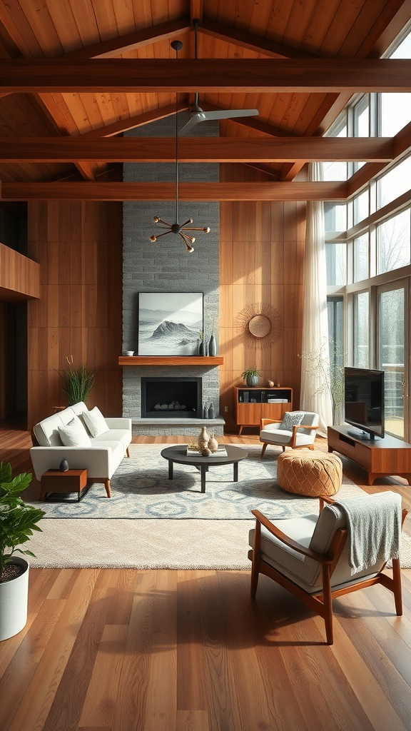 A midcentury modern living room with wooden beams, cozy furniture, and large windows.