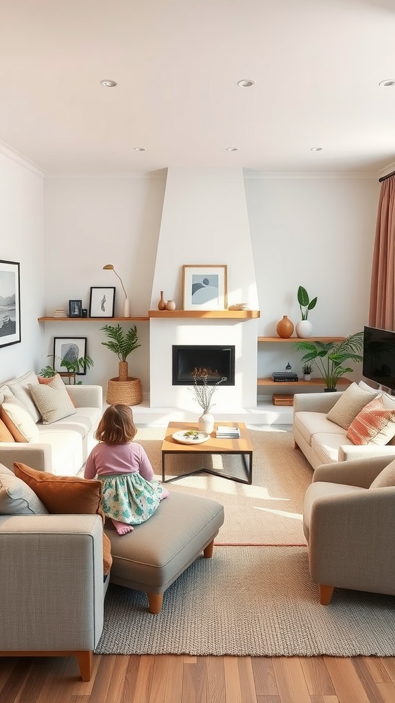 Cozy living room with two sofas facing each other, a coffee table in the center, and a child playing on an ottoman.