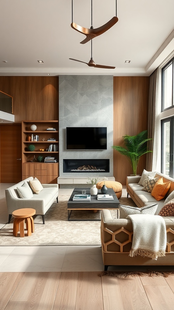 A modern western living room with comfortable seating arranged for entertaining, featuring a coffee table, plants, and a cozy atmosphere.