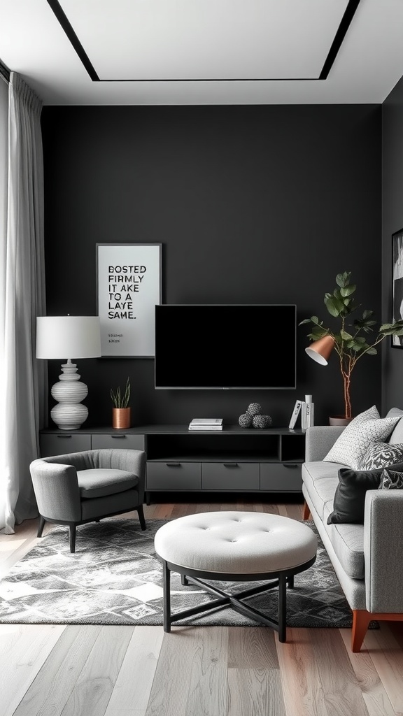 A stylish black, grey, and white living room featuring a comfortable sofa, accent chair, circular ottoman, and wall-mounted TV.