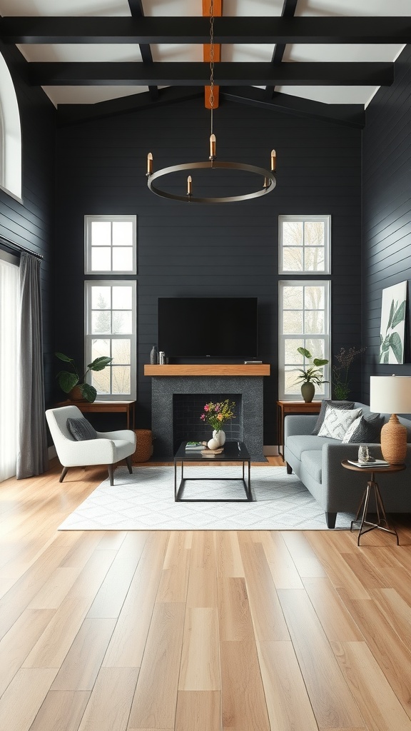 A stylish living room featuring black shiplap walls, modern furniture, and a cozy layout.