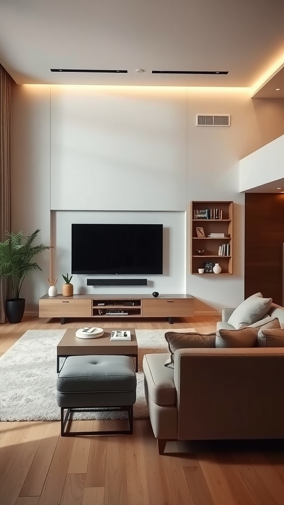 A minimalist living room featuring a large TV, modern furniture, and warm lighting.