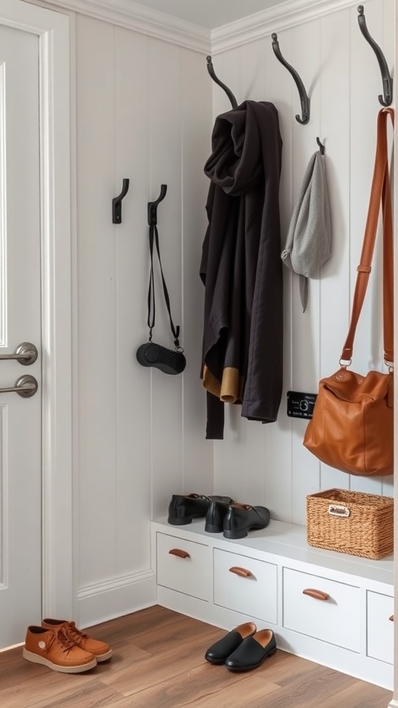 A functional mudroom corner with hooks for hanging coats and a bench with storage drawers.