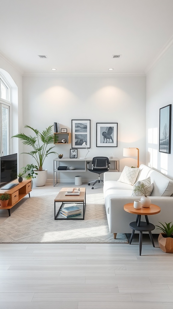 A bright living room featuring a white couch, a coffee table, and a workspace with a desk and chair.