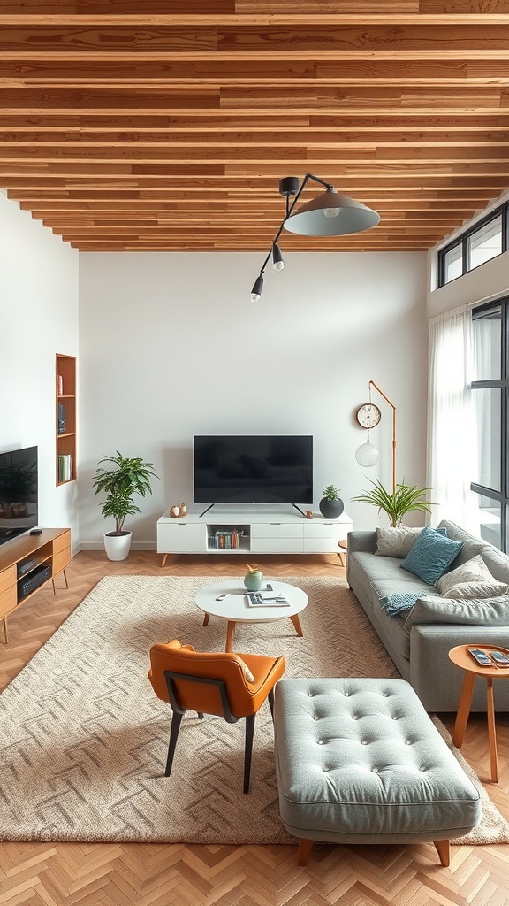 A bright modern living room featuring a gray sofa, orange chair, and wooden ceiling.