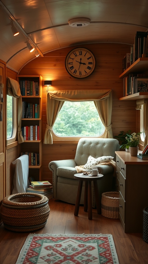 Cozy reading nook in a trailer house with an armchair, bookshelf, and side table.