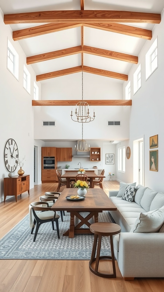 A spacious open concept living room with wooden beams, a dining area, and a cozy sofa.