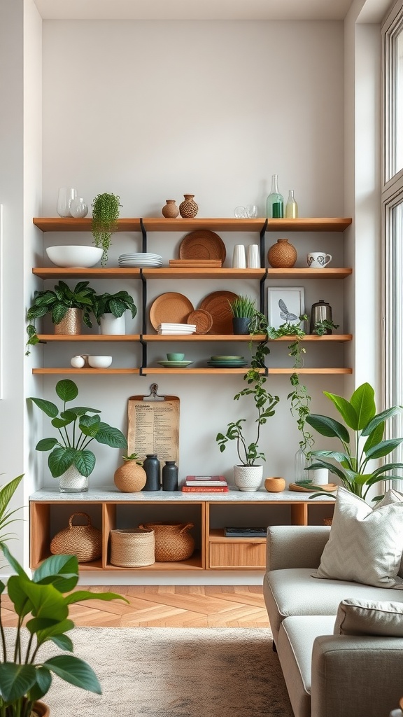 Open shelving in a modern kitchen-living room featuring plants and decorative items