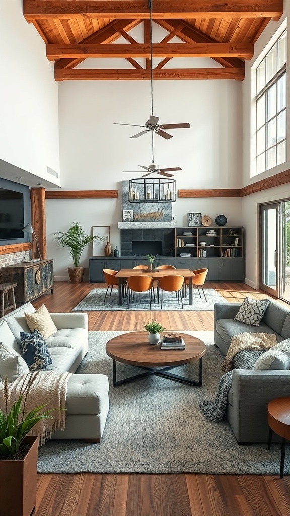 A modern rustic living room with high wooden ceilings, comfortable gray sofas, and a round coffee table, showcasing an open layout and natural light.