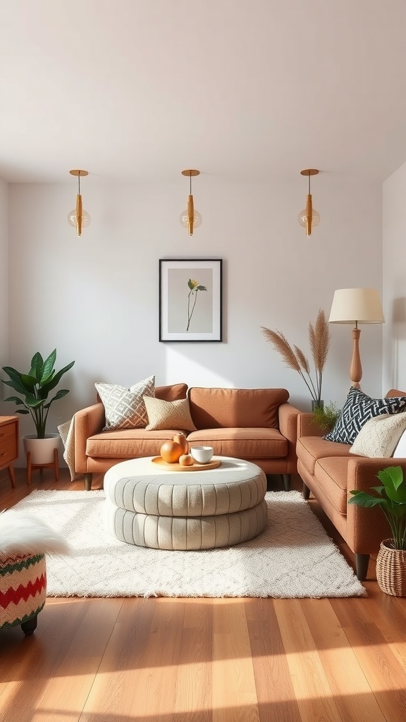 A small living room featuring a cozy seating arrangement with a round ottoman in the center, plants, and decorative lighting.