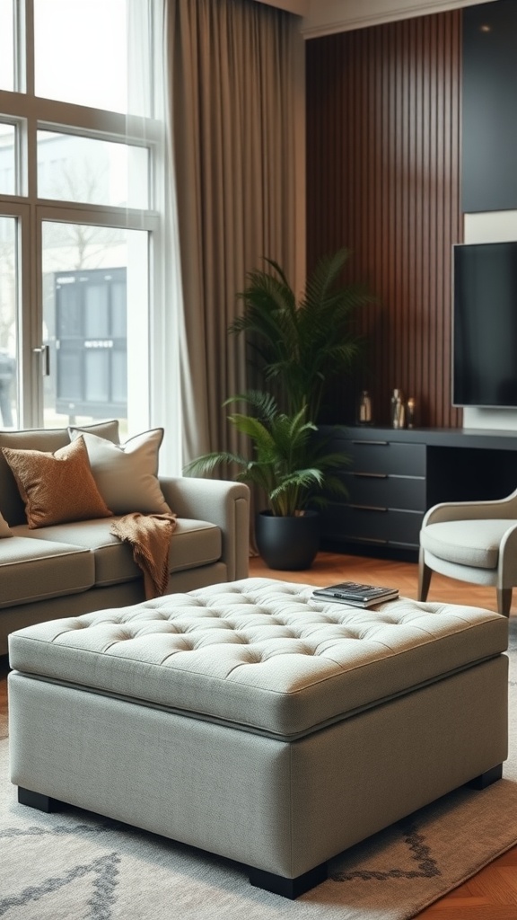 Living room with a functional ottoman featuring storage, surrounded by cozy furniture.