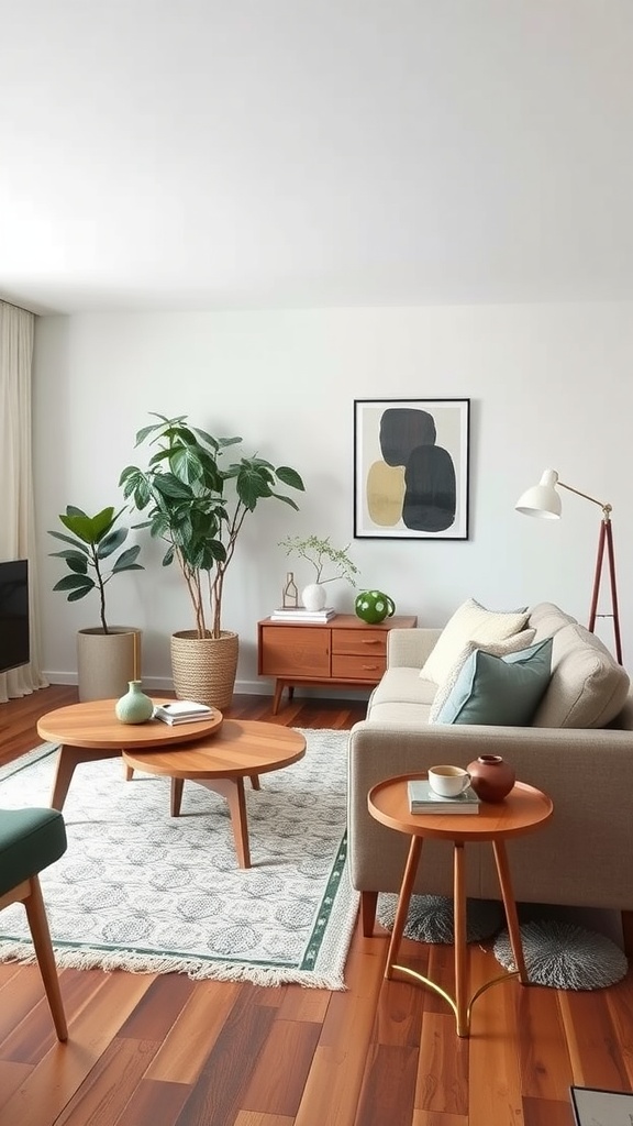 Midcentury modern living room featuring functional side tables, plants, and a cozy sofa.