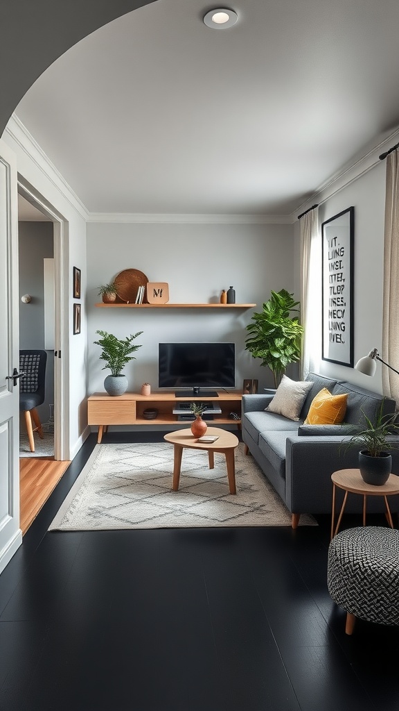 A small living room with black flooring, gray sofa, wooden coffee table, and plants.