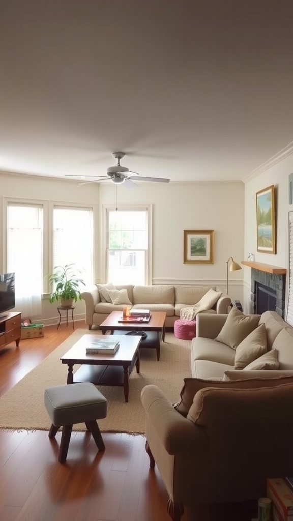 A sunken living room featuring cozy furniture, large windows, and a potted plant.