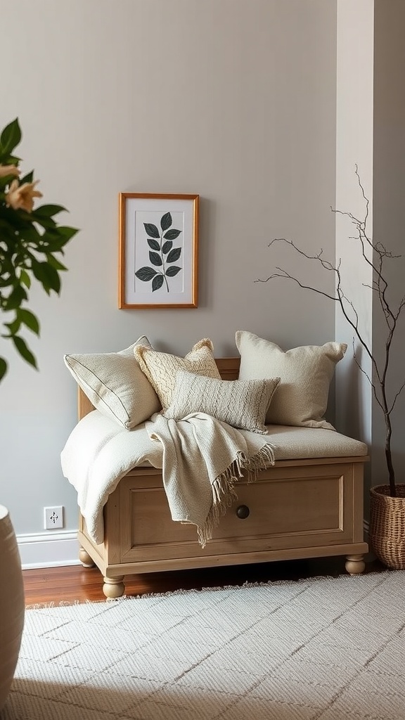 A light wooden storage bench with cushions and a throw, positioned in a cozy living room corner