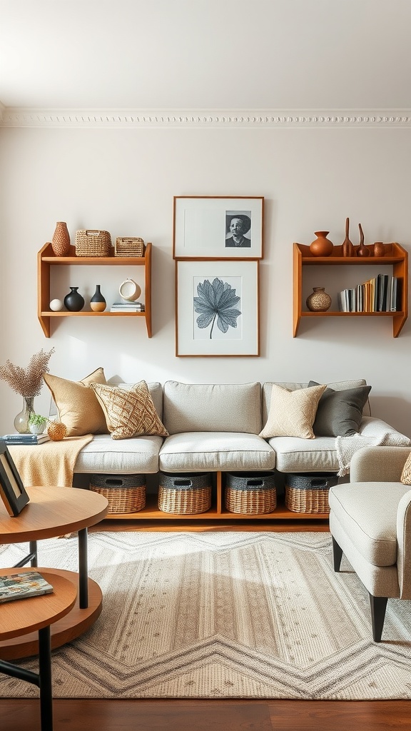 A cozy living room with a light sofa featuring storage, decorative shelves, and a round coffee table.