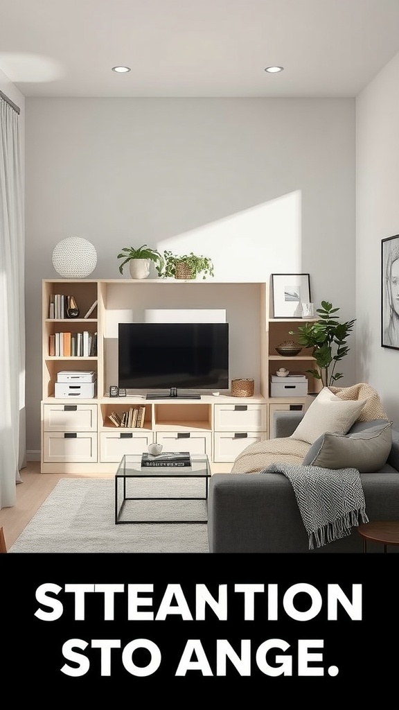 A neutral living room featuring a functional storage unit with shelves and drawers, a glass coffee table, and plants.