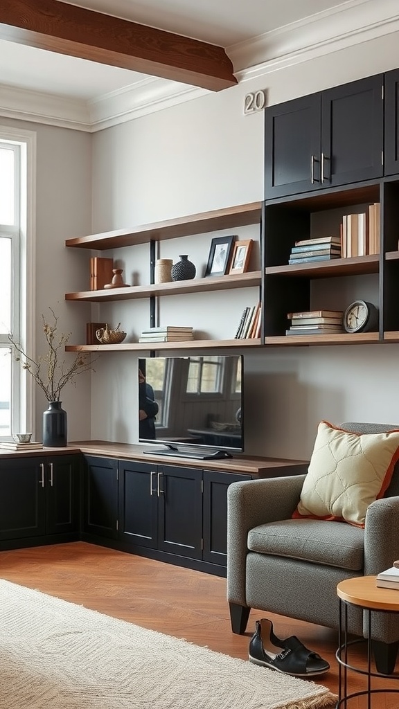 Living room with black cabinetry and wood shelving, featuring a TV and comfortable seating.