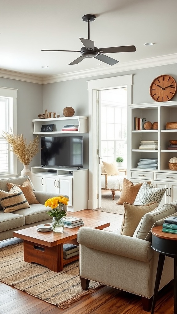 A cozy farmhouse style living room featuring a wooden coffee table, comfortable seating, and functional storage solutions.