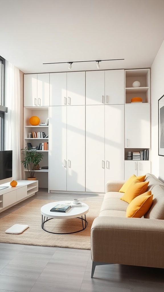 A modern living room featuring white storage solutions with open shelves and a cozy sofa.