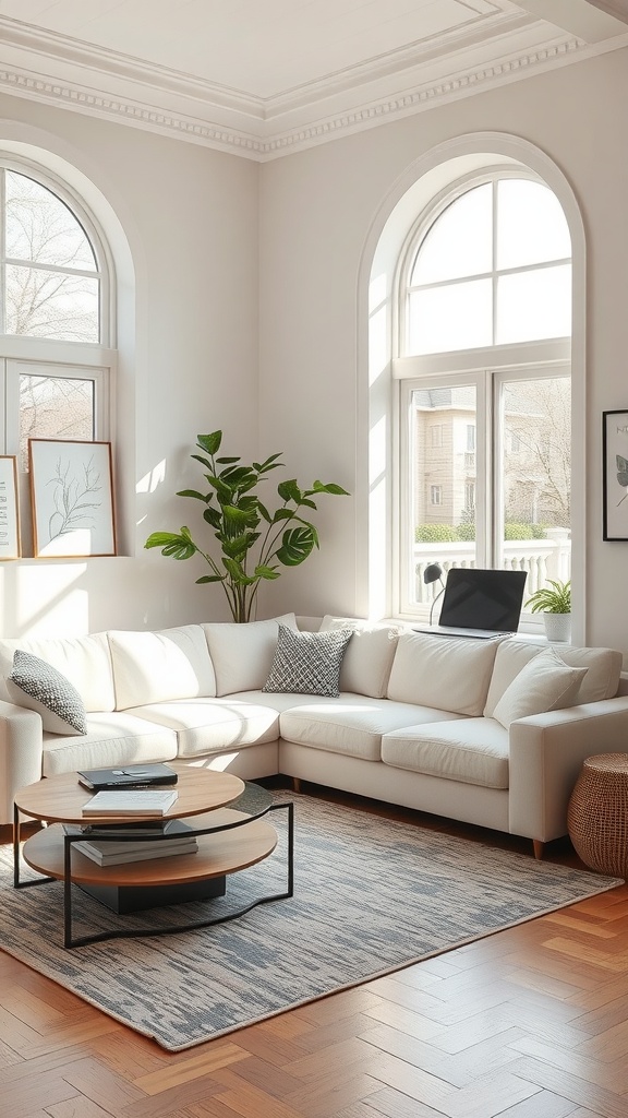 Cozy living room with a cream couch, round coffee table, and large windows