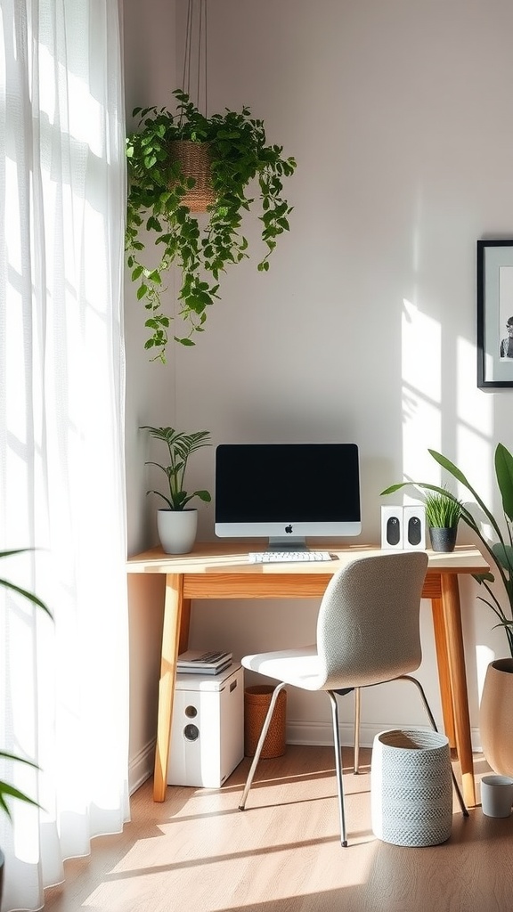 A bright and inviting workspace with a desk, computer, and indoor plants illuminated by natural light.