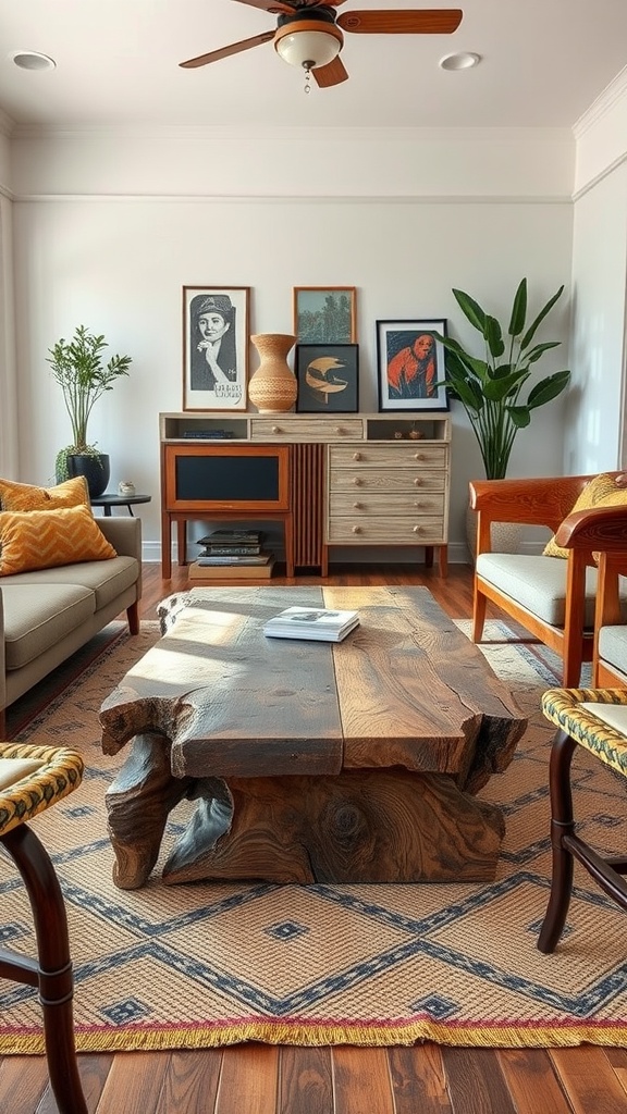 A cozy cottagecore aesthetic living room featuring a rustic wooden coffee table, stylish chairs, and vibrant artwork.