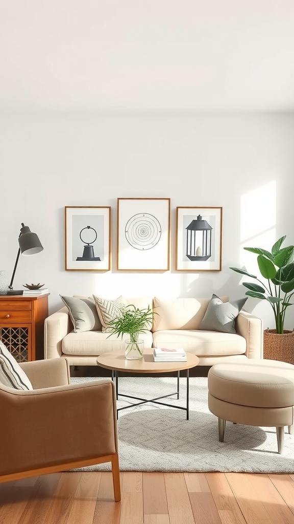 A minimalist bohemian living room featuring neutral furniture, framed artwork, a coffee table, and a potted plant.