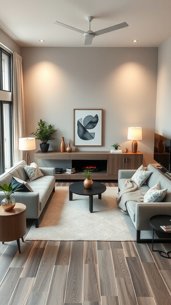 A cozy boho industrial living room featuring two sofas, a round coffee table, and plants, with natural light illuminating the space.