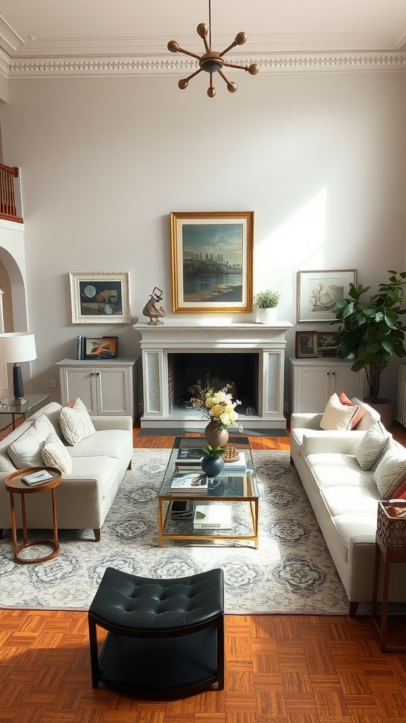 A stylish living room featuring two sofas, a coffee table, and decorative elements.