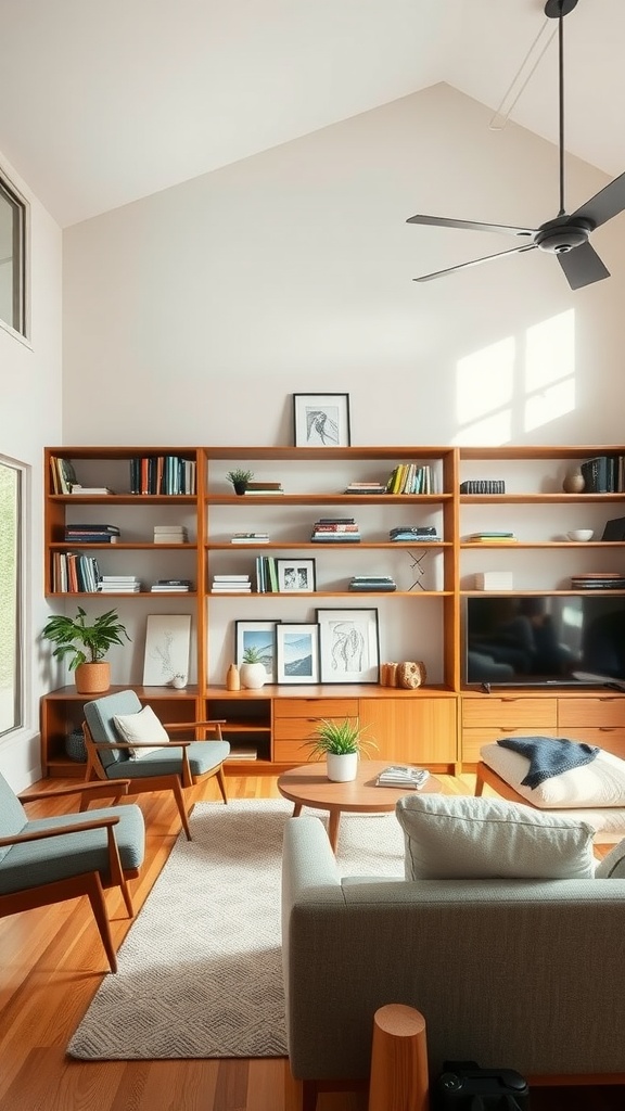 A midcentury modern living room featuring stylish wood shelving, comfortable seating, and decorative accents.