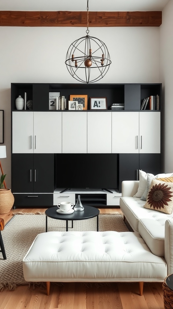 A modern black and white living room featuring stylish storage solutions with a sleek cabinet and decorative elements.