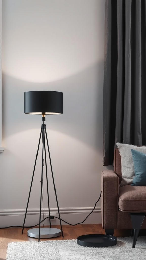 A modern black floor lamp with a tripod design in a living room setting.