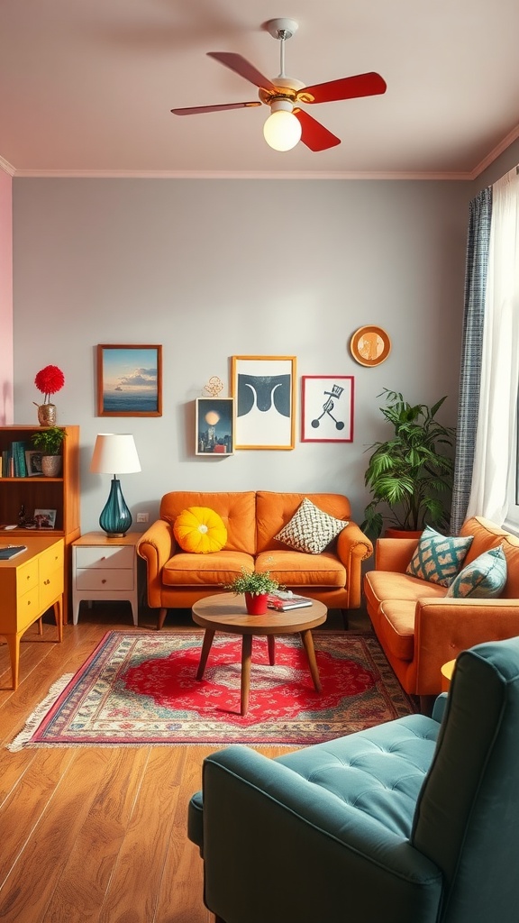 A vibrant living room with orange sofas, a teal armchair, and colorful artwork on the walls