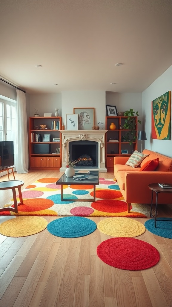 A living room featuring colorful circular rugs, an orange couch, and a cozy fireplace.