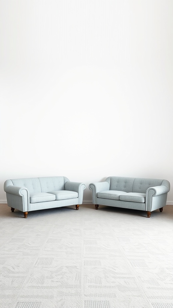 Two light blue sofas facing away from each other in a spacious living room