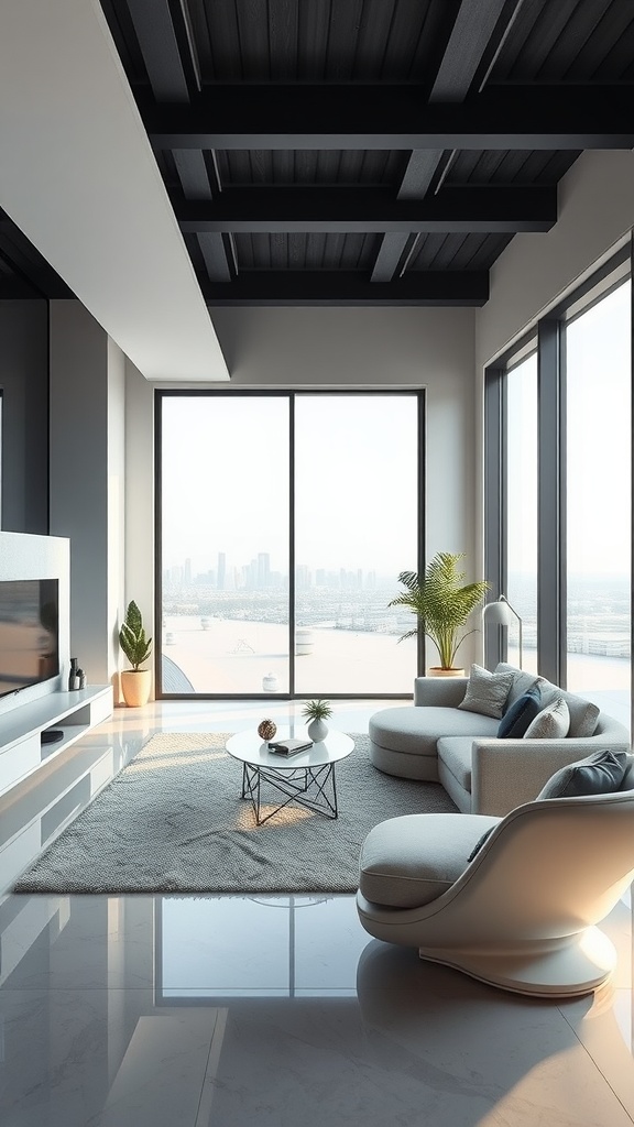 A modern living room featuring futuristic furniture, large windows, and a sleek design.