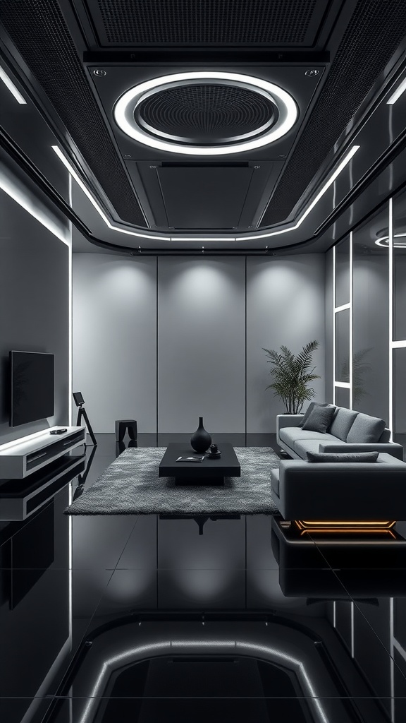 A futuristic minimalist living room featuring black floors, sleek furniture, and modern lighting.