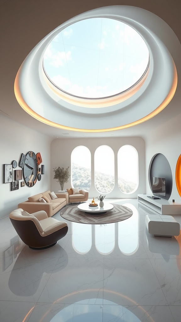 A modern sunken living room with curved skylight, sleek furniture, and a beautiful outdoor view.