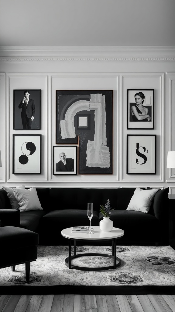 A stylish living room featuring a gallery wall with various black and cream framed artworks, a black sectional couch, and a round coffee table.